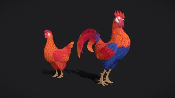 手绘公鸡和母鸡