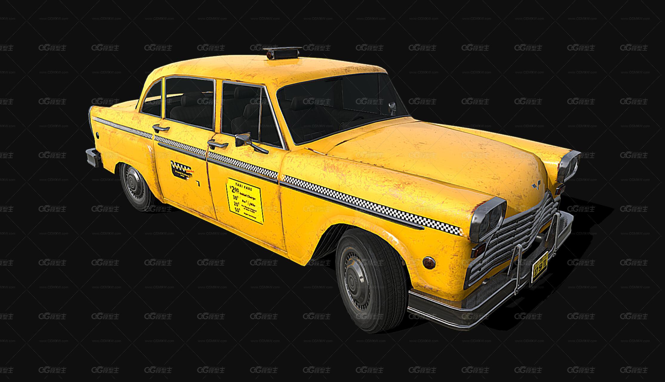 LowPoly美国50年代经典计程车 老式出租车 出租车 Taxi 汽车-4