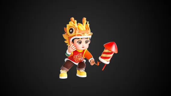 龙年春节 放烟花少年 龙年形象 新春少年 新年龙人物3D模型