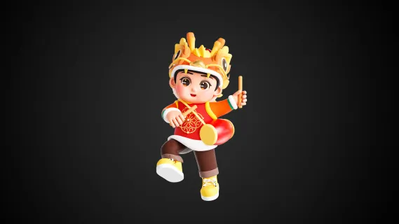龙年春节 敲鼓少年 龙年形象 新春少年 新年龙人物3D模型
