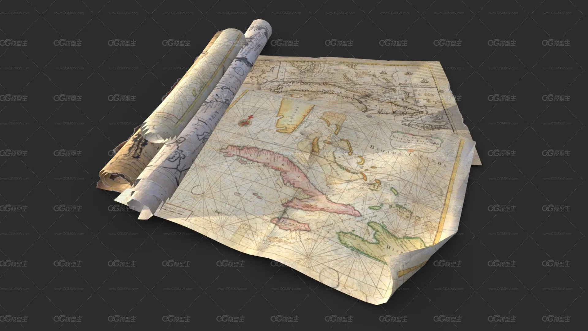 破旧卷轴 卷画 地图 古画 古代卷轴 藏宝图 加勒比海地图-1