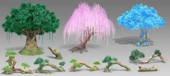 卡通树木奇幻树木二次元动漫次世代风格化丛林树干大树森林枯树树丛树林场景 植物 花草树木 枯枝合集