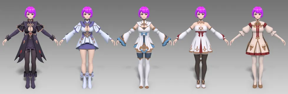 二次元卡通美少女魔法书 女巫师 女战士 女骑士 法球 魔法师 动作骨骼绑定