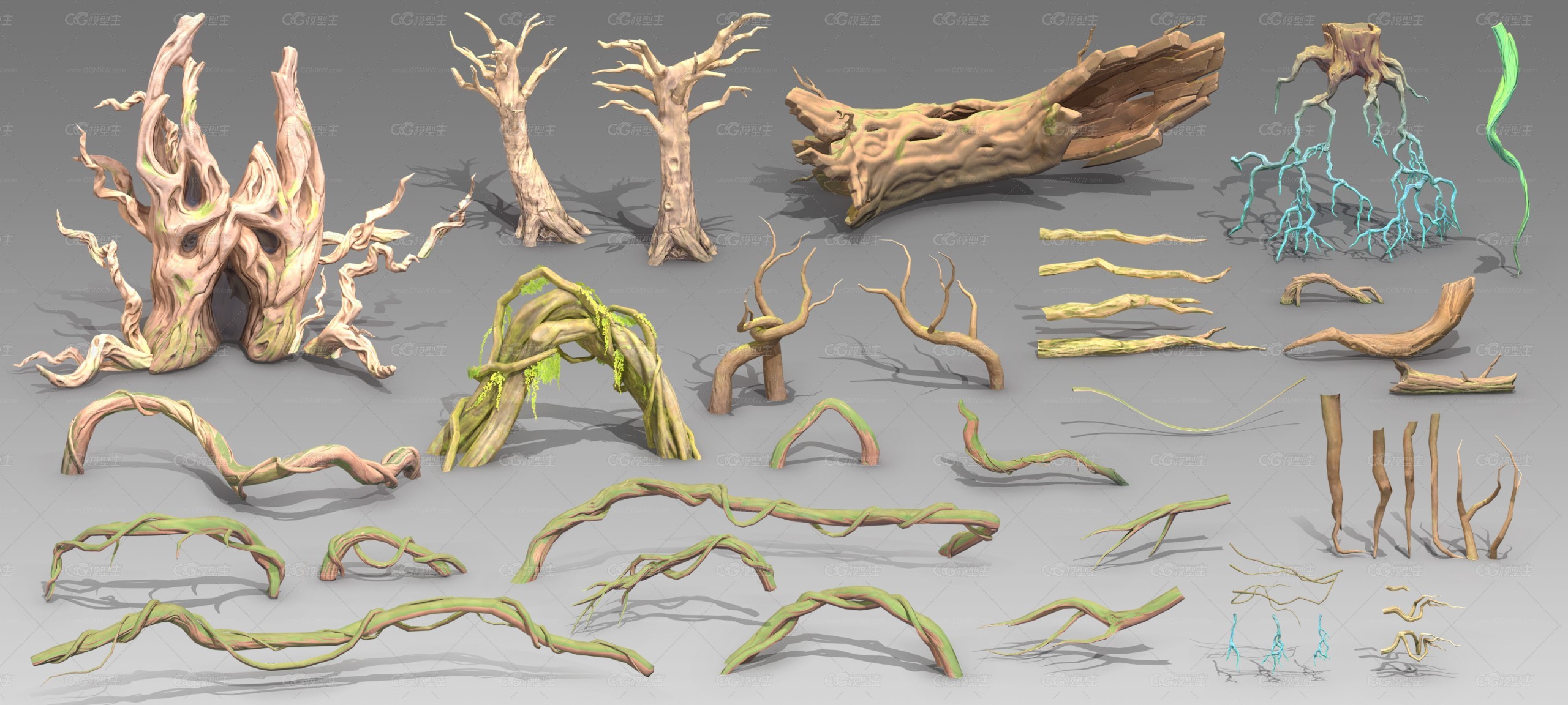 卡通树木奇幻树木二次元动漫次世代风格化丛林树干大树森林枯树树丛树林场景 植物 花草树木 枯枝合集-2