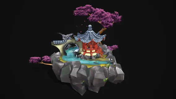 上海花园 凉亭瀑布 卡通凉亭瀑布 樱花树 美陈凉亭小景