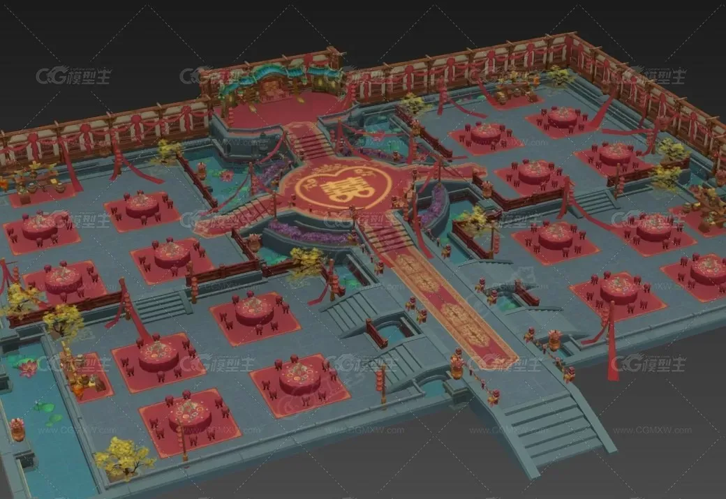 一套卡通手绘风格游戏场景模型 古代房屋建筑模型 带部分角色模型-15