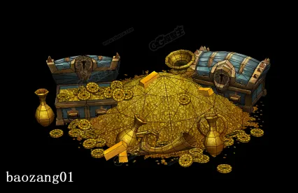 欧式宝藏氛围一，宝藏，金币宝箱金砖，黄金号角，古代钱币古钱币，黄金子