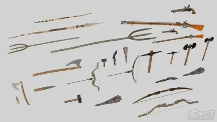旧时代狩猎武器 简单石器 石矛 弓 斧 枪 锤 镐 木