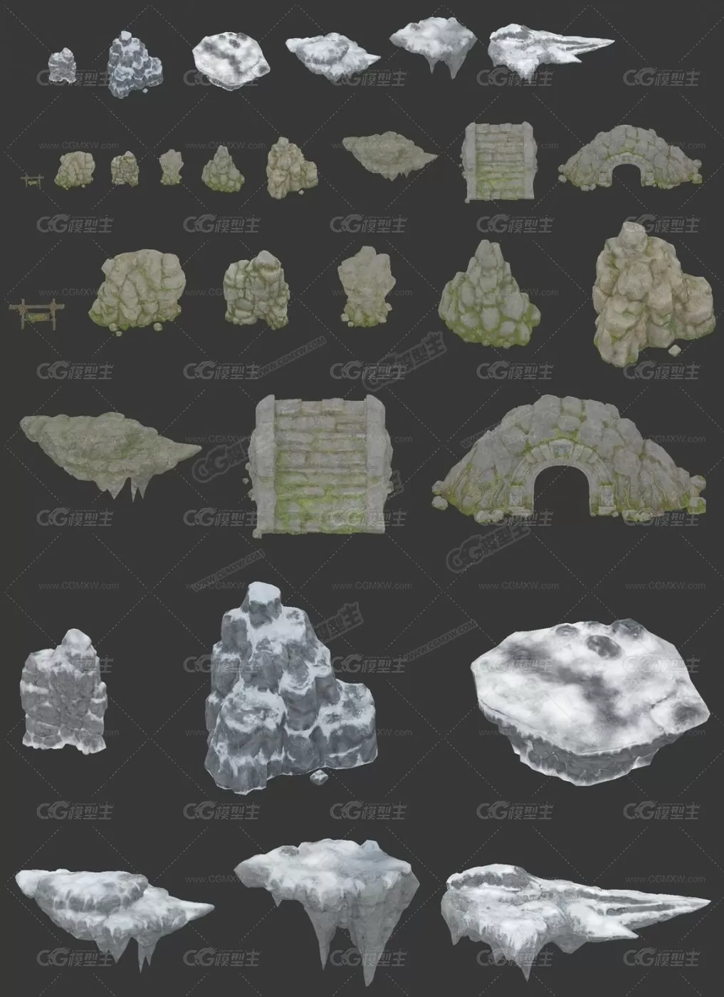 精美写实次世代石头模型 石桥模型 石井 岩石模型 雪石头3D模型-2