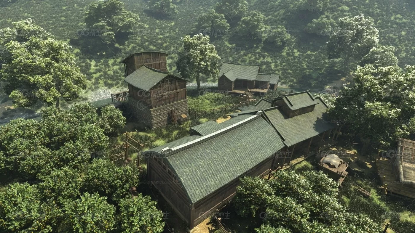 写实次时代完整古代村庄场景 村镇 园林 小镇 果园 林间-4