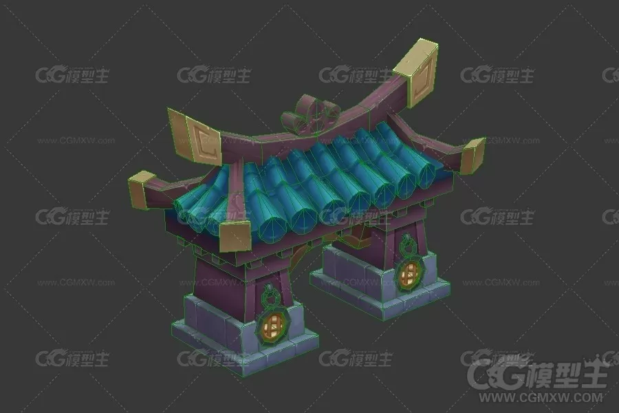 Q版门楼中国风建筑3D模型-2