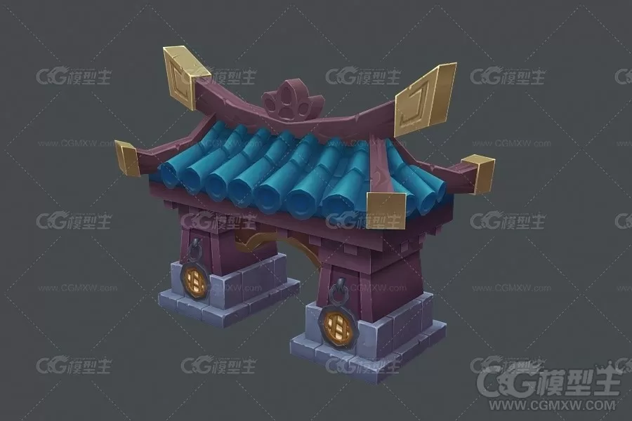 Q版门楼中国风建筑3D模型-1