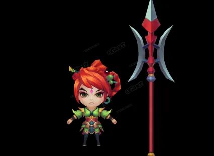 吕玲琦 方天画戟 女将军 女战士 女战神 Q版卡通人物3D模型
