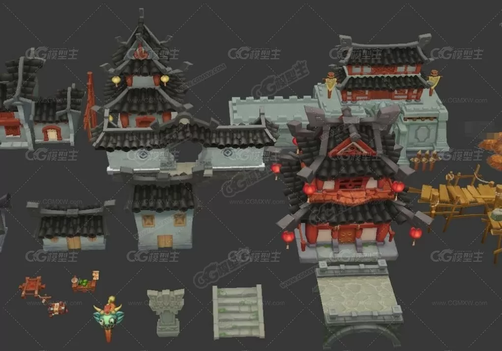 【Q版功夫熊猫】手绘风格中国风场景3D模型-26