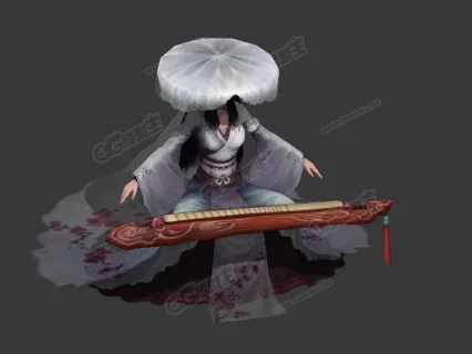 白衣抚琴小姐姐 白衣女侠 古代歌姬 古琴 弹琴美女 次时代游戏模型