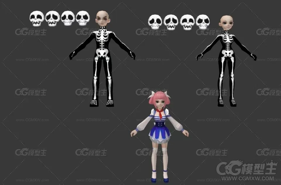 骷髅装男女3D模型 小男孩 小女孩 情侣装 次时代游戏模型-1
