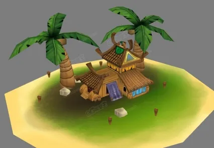卡通场景-3d模型 海滩房子 椰子树 海边度假屋