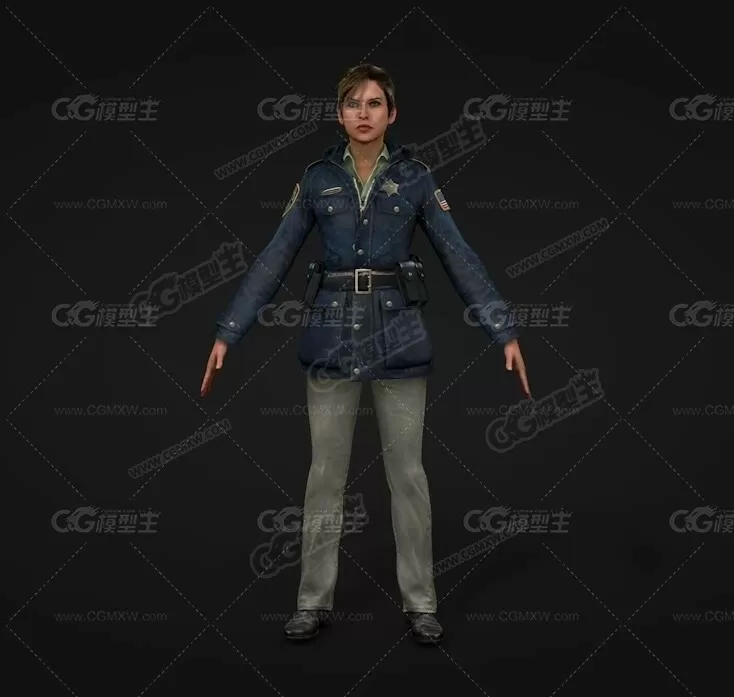 蓝色衣服女警官C4D人物模型-1