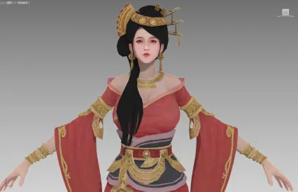 东方红色旗袍美女3D模型（带贴图）