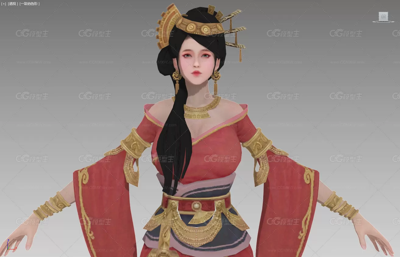 东方红色旗袍美女3D模型（带贴图）-1