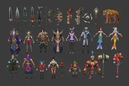 一套欧美魔幻风格手游卡通Q版3D角色模型 武器模型 手绘贴图 游戏美术素材