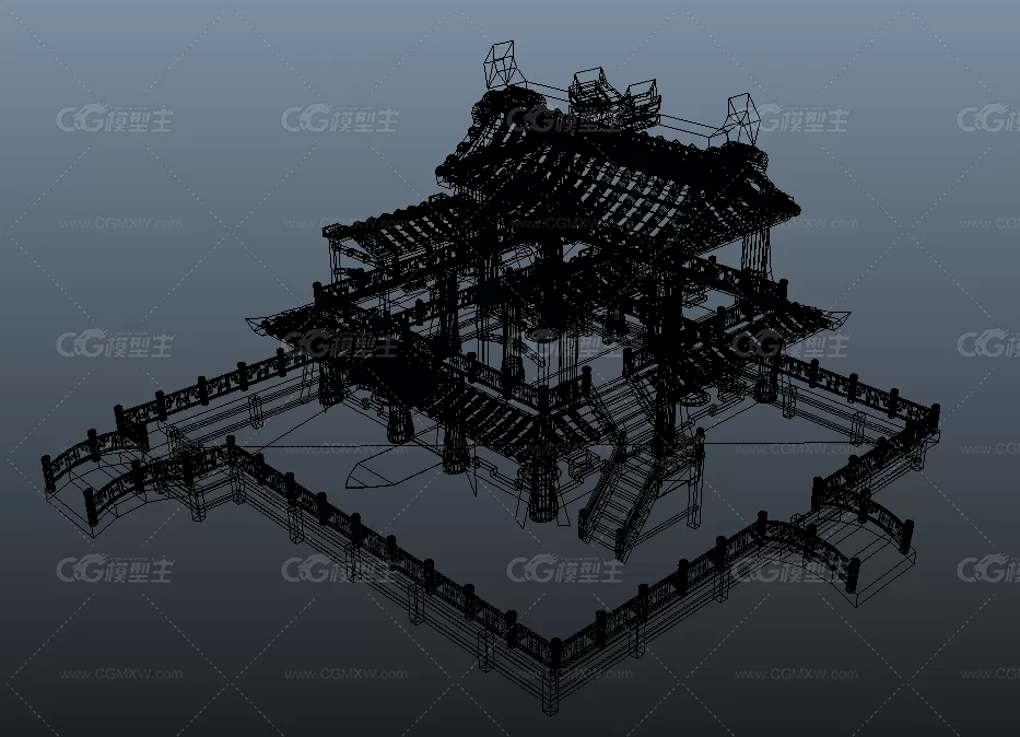 游戏场景 卡通古代建筑 鼓楼 三转二模型-4