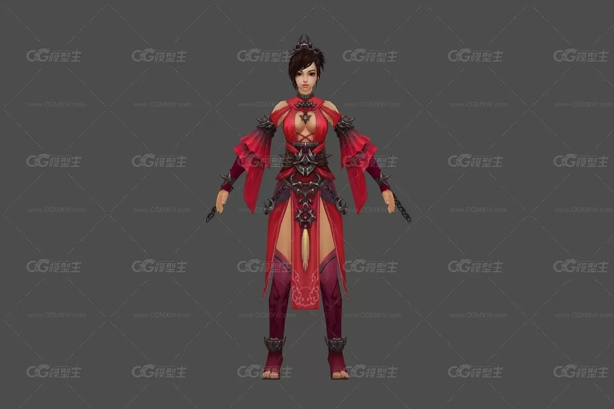 武侠 仙侠 红衣 女 NPC 3D模型-1