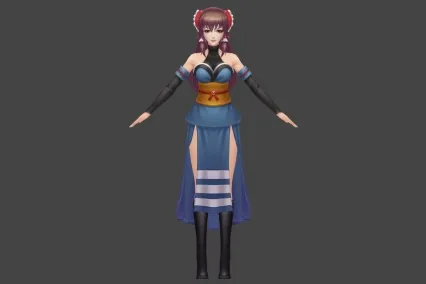 二次元 蓝裙 女 3D模型