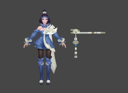 武侠 蓝衣 吹笛 女 3D模型