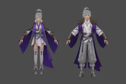 Q版 武侠 男女 主角 时装 套装 紫衣 白衣 3D模型