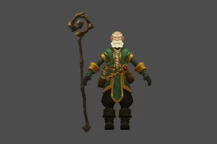 精品手绘角色模型 欧美风 LOL 绿袍 老人 法师