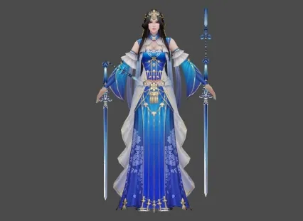 非常精致的手绘角色 舞女 蓝衣 剑士 双剑 带骨骼绑定