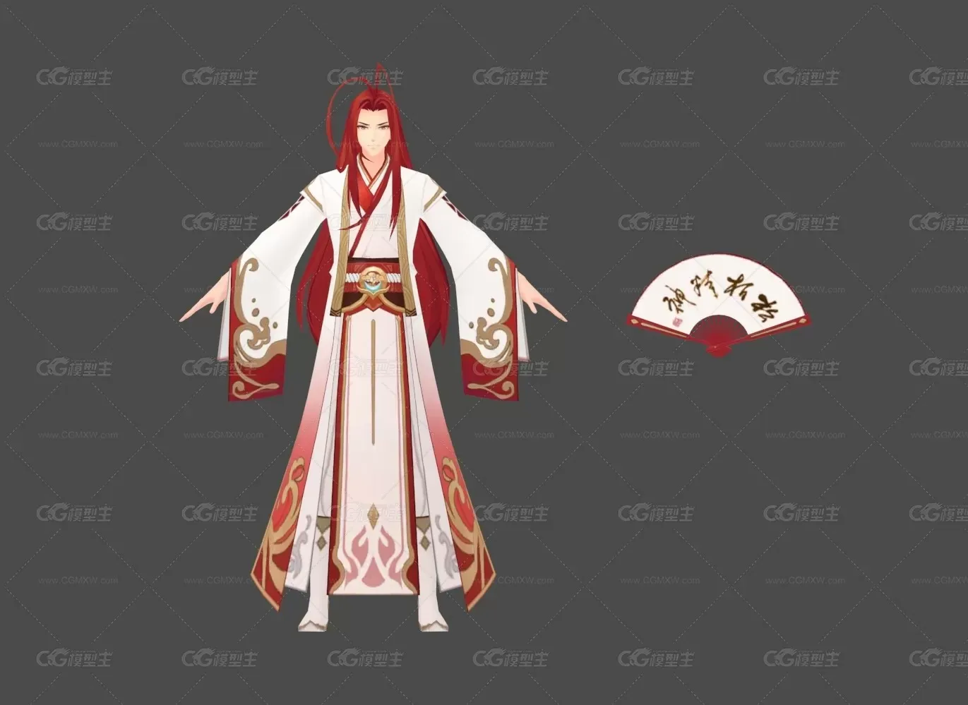 折扇 白袍 帅气 红发 男 和风 日韩风 希望你们喜欢-1