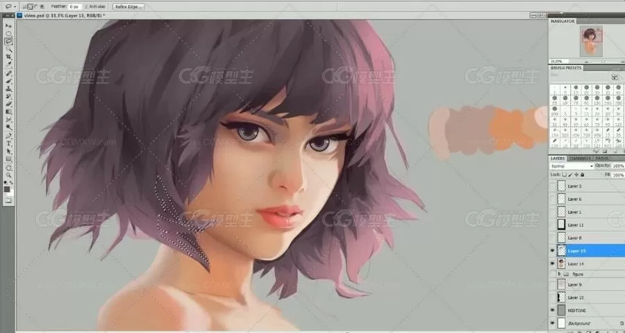 块面笔触绘制人物皮肤插画教程+PSD+笔刷-2