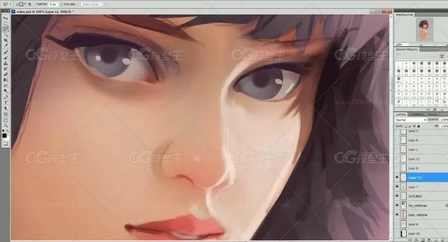 块面笔触绘制人物皮肤插画教程+PSD+笔刷-4