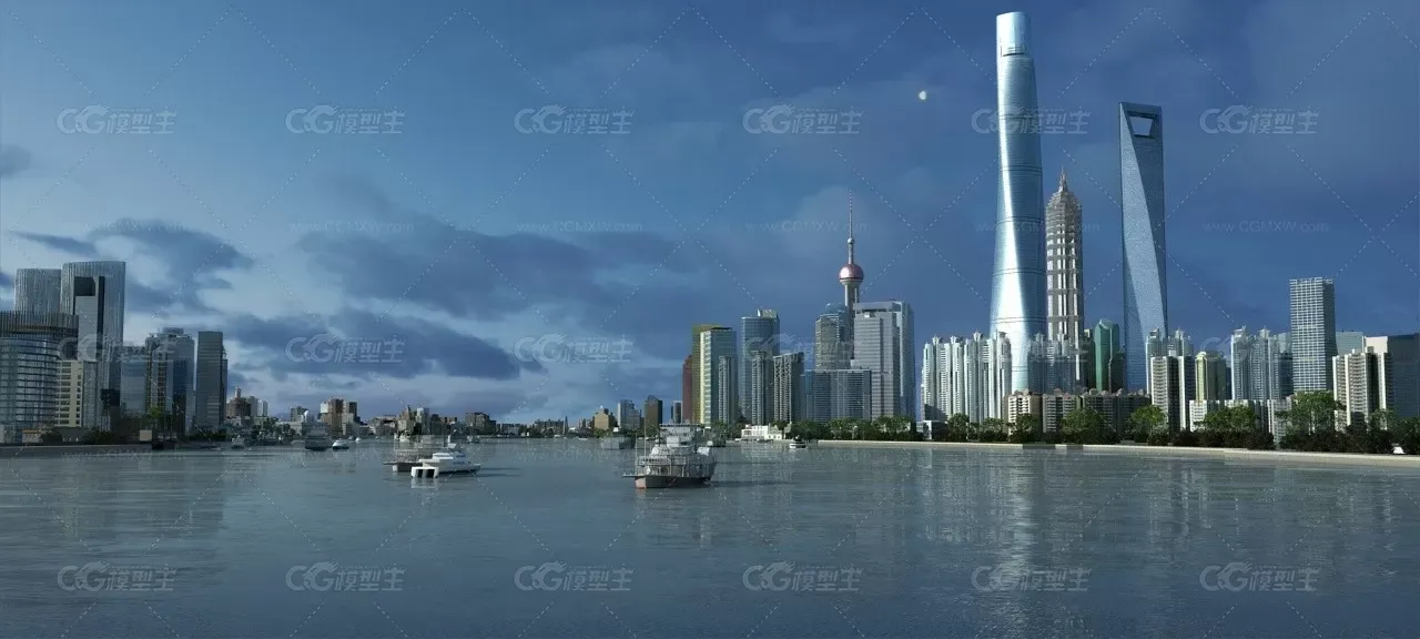 上海-东方明珠陆家嘴-外滩-轮船邮轮-大海-建筑生长动画延时-1