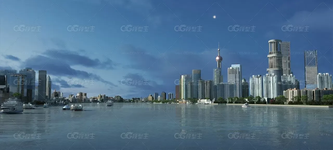 上海-东方明珠陆家嘴-外滩-轮船邮轮-大海-建筑生长动画延时-7