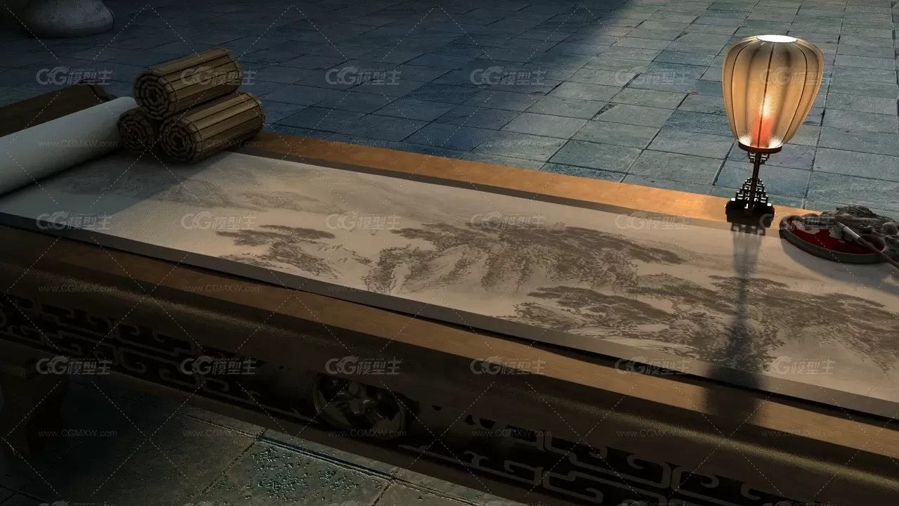 案台-蜡烛-古代宫殿唐宋元明清寝殿皇宫官府书房笔墨山水画砚台毛笔卷轴-1