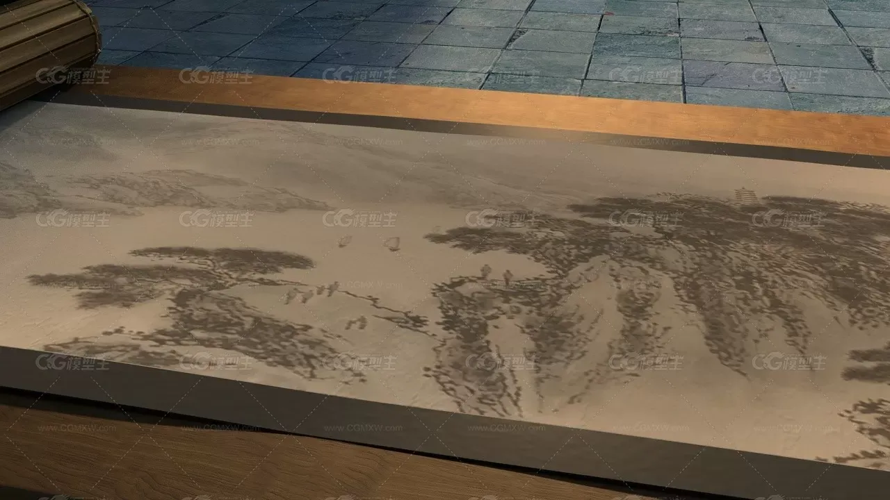 案台-蜡烛-古代宫殿唐宋元明清寝殿皇宫官府书房笔墨山水画砚台毛笔卷轴-3