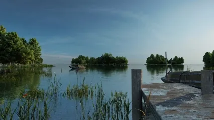 湿地景观森林湖波公园景区船岸边类似桂林