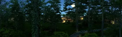 森林别墅-公园汀步台阶湿地公园小区夜景建筑动画