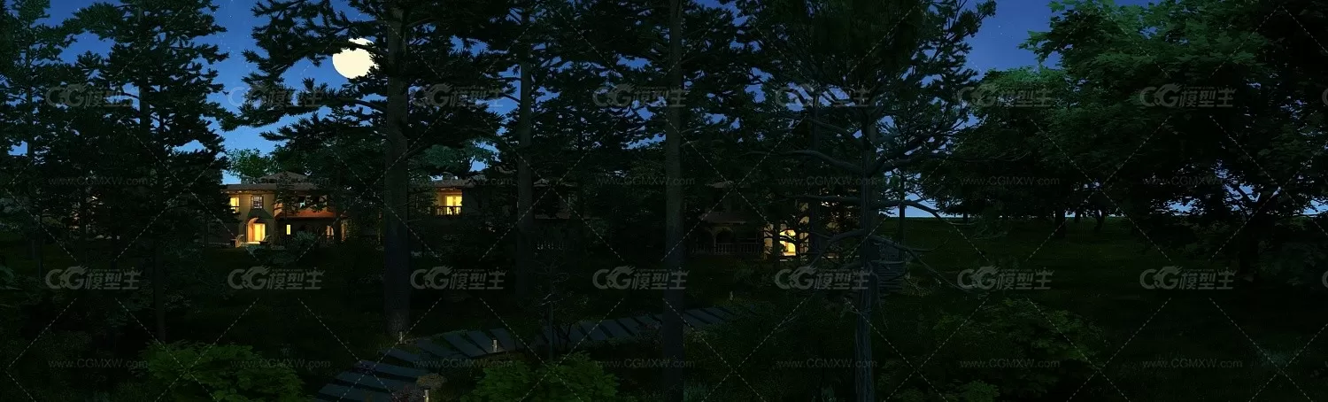 森林别墅-公园汀步台阶湿地公园小区夜景建筑动画-2