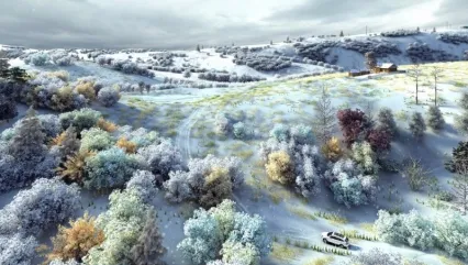 雪景 大雪纷飞 冬天场景雪松树农场草原房屋