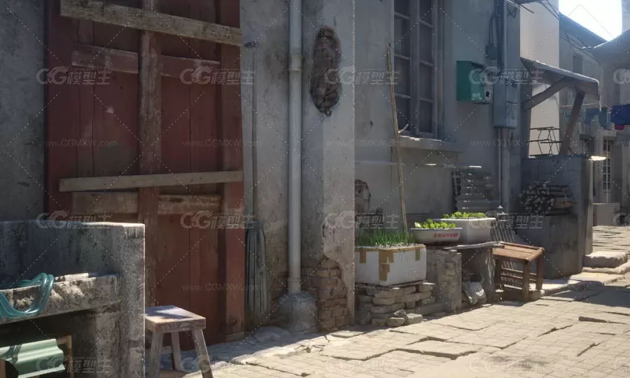 老巷子-旧巷子街道农村石头木头门窗垃圾堆盆-3