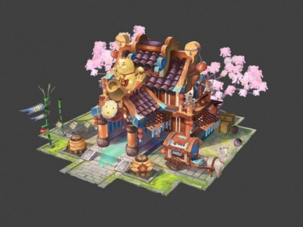 Q版招财猫神社3D场景模型 Max2015+两张tag贴图