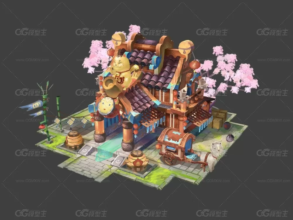 Q版招财猫神社3D场景模型 Max2015+两张tag贴图-1