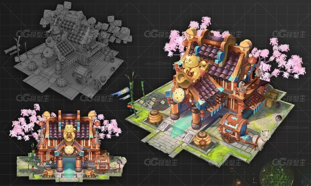 Q版招财猫神社3D场景模型 Max2015+两张tag贴图-3