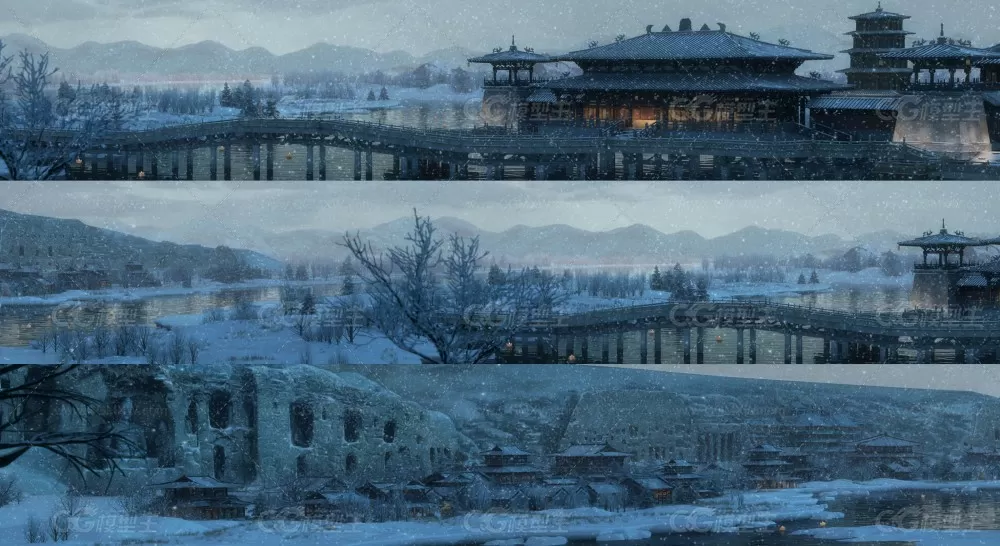 Yungang Grottoes(云冈石窟)工程文件-雪-雪树-古建筑-1