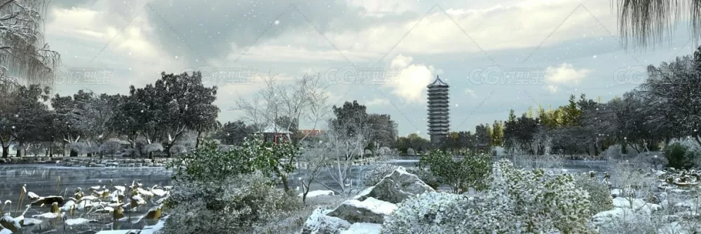 下雪动画-冬景-下雪-冬天-雪树-冰雪-古建筑雪景--1