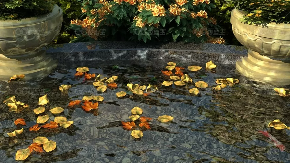 水池游鱼落叶随水波飘动动画场景落叶水-涟漪-游动的鱼水池焦散光影-1